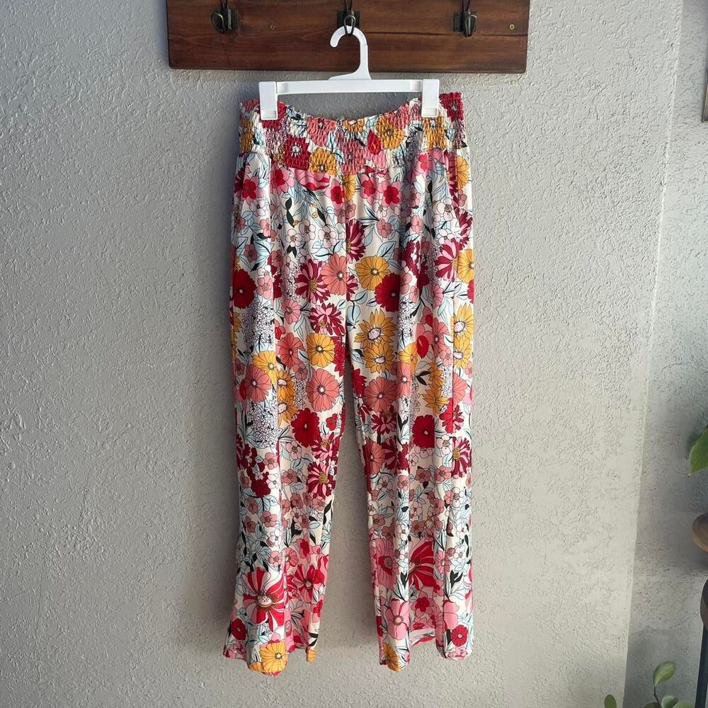 Bright Floral print smocked elastic waistband pants 1XL